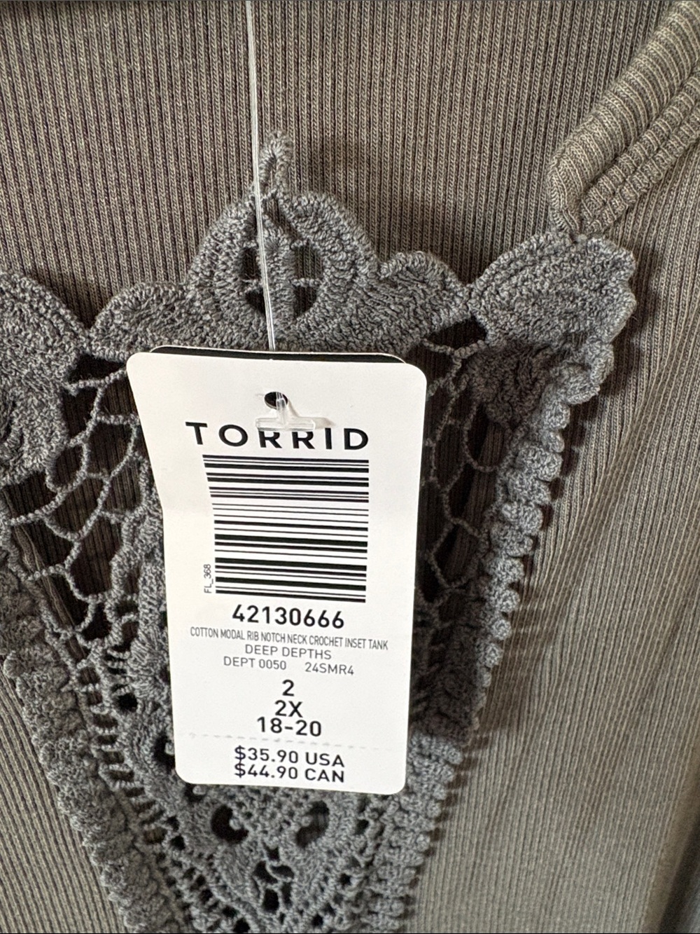 Torrid • Cotton Modal Rib Notch Neck Crochet Inset Tank - Picture 5 of 7